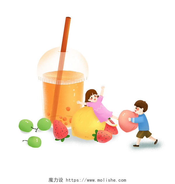 夏天卡通手绘饮品水果茶人物素材